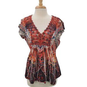 Energe Womens Embroidered Multicolor Cap Sleeve Top Blouse Sz XL V-Neck Beaded